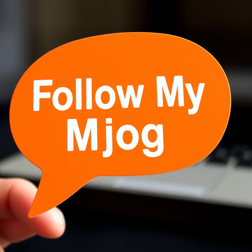 Create an image of an orange speech bubble with the text Follow My Blog in white bold letters, using a DSLR camera with a 50mm lens, aperture set to f/2.8, ISO 100, and natural light for enhanced quality.