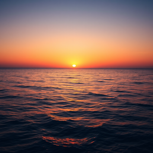 Create a high-resolution image of a beautiful sunset over a calm ocean, captured with a DSLR camera, 50mm lens, f/1.8 aperture, ISO 100, 1/200 sec shutter speed, in landscape view, utilizing natural lighting for enhanced color vibrancy.
