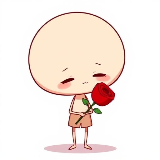 A simple cartoon character with an oversized round head and thin limbs holding a red rose with a shy expression on its face against a plain white background.