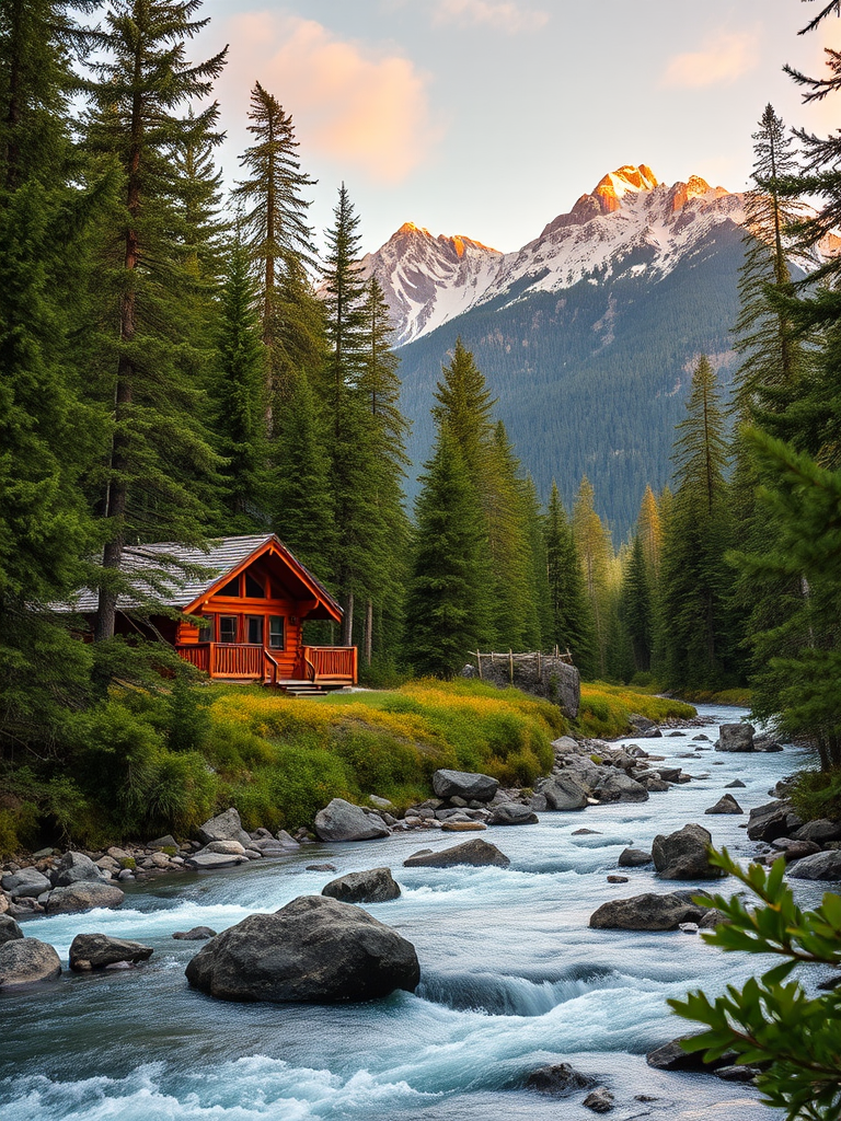 A scenic mountain cabin surrounded by lush green pine trees and flowing river, with snow-capped mountains in the background, soft golden hour lighting, shot with a Canon EOS R5 at f/8, ISO 100, 24mm lens, wide-angle view for enhanced depth and clarity, capturing vibrant colors and details.