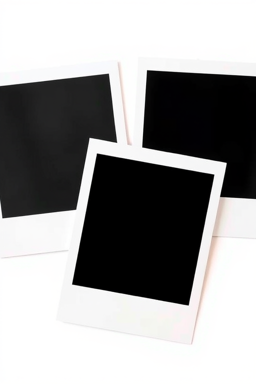 Generate three polaroid-style photo frames with a white border, blank black center, set against a plain white background, using a Canon EOS R5 camera, ISO 100, aperture f/2.8, shutter speed 1/200s, 50mm lens, natural lighting.