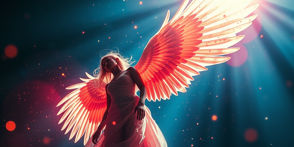 Create a vibrant, ethereal scene featuring a winged figure surrounded by dynamic light effects and abstract elements, shot with a DSLR camera at f/2.8, ISO 100, 1/200s, in a low-angle view with a wide-angle lens, employing a cinematic style for enhanced depth and clarity.