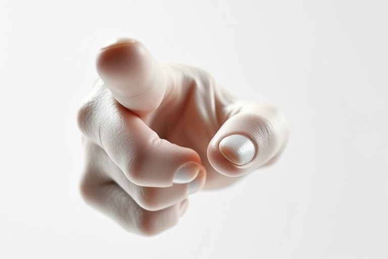 Create a highly detailed 3D render of a sculpted human hand pointing directly at the viewer, using a Canon EOS 5D Mark IV with a 50mm lens, aperture set to f/2.8, ISO 100, in soft studio lighting with a clean white background to emphasize the contours and textures of the hand.