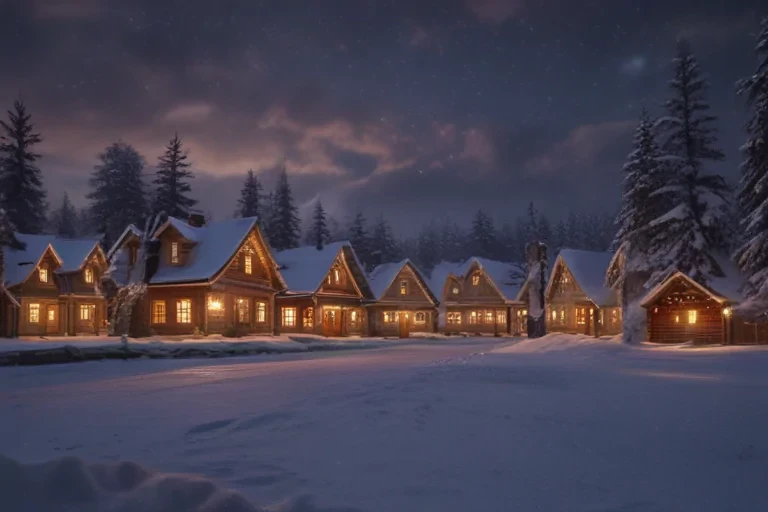 Charming Winter Village Illuminated by Warm Lights Under a Starry Night Sky