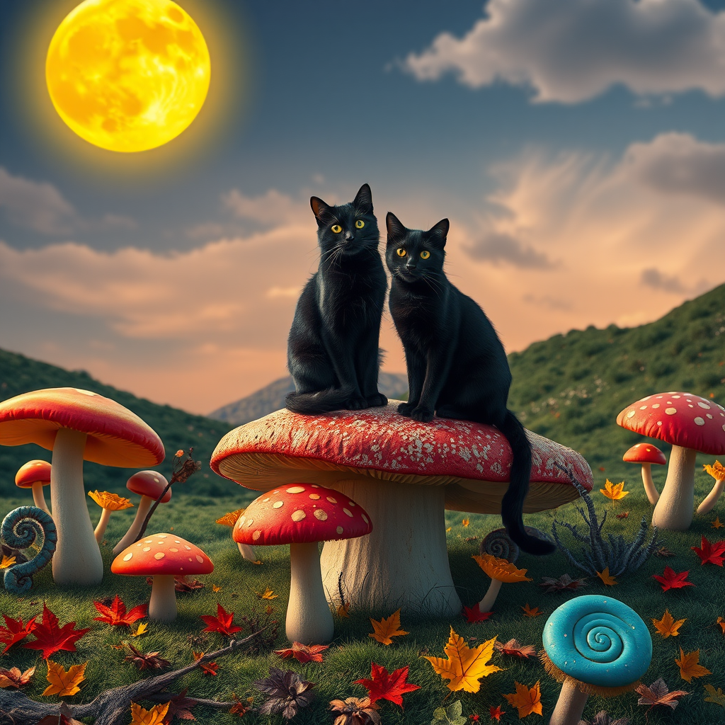Create a whimsical fantasy landscape featuring two black cats sitting on a giant mushroom under a bright yellow moon, with colorful swirling mushrooms and autumn leaves in the foreground, captured with a Canon EOS R5, 24mm lens, f/2.8, ISO 100, at dusk to enhance vibrant colors and details in the scene.