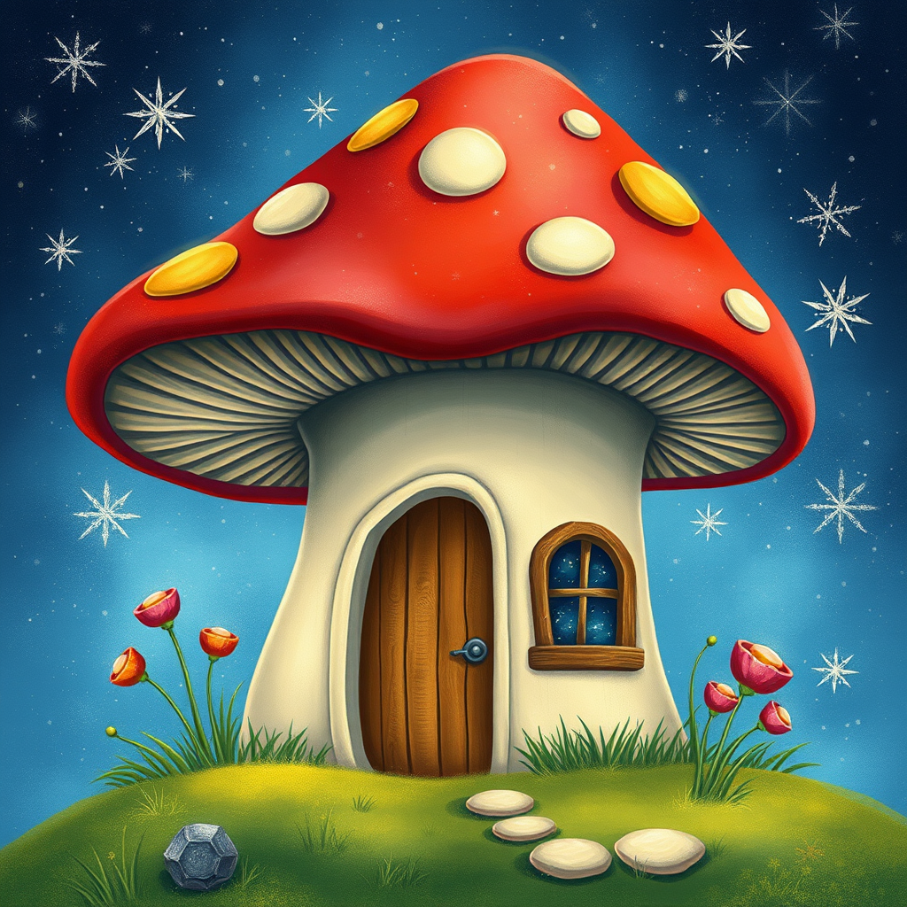 this photo is illustration of a mushroom house with a door and a window, a storybook , fantasy art, mushroom house, bg starry sky, sparkles