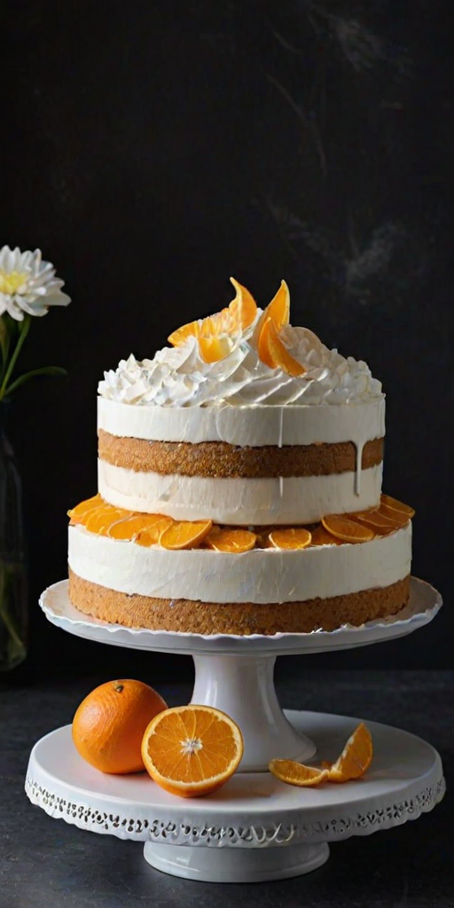 Create an image of a layered cake with multiple thin layers, topped with a generous amount of whipped cream and decorative orange slices. The cake is displayed on a white cake stand against a dark background, with some white flowers arranged around the base. The focus should be on the texture of the cake layers and the contrasting colors of the cream and orange.