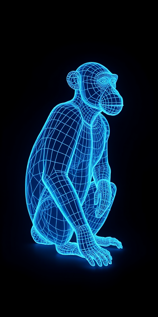 Create a 3D wireframe model of a monkey sitting in a dark environment with a blue glowing outline, camera settings: ISO 100, f/8, shutter speed 1/60s, camera view: side angle, camera style: photorealistic, camera type: DSLR.