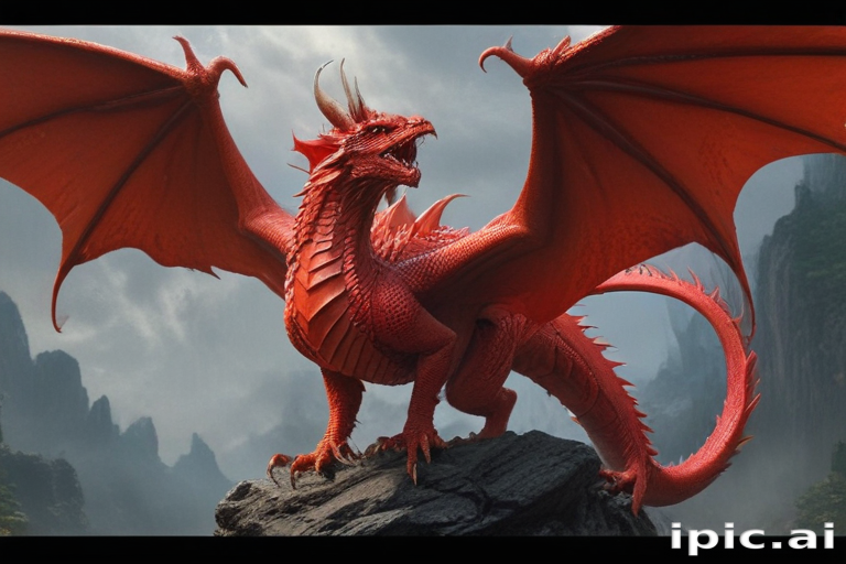 Majestic Red Dragon Spreading Its Wings Over a Misty Mountain Landscape