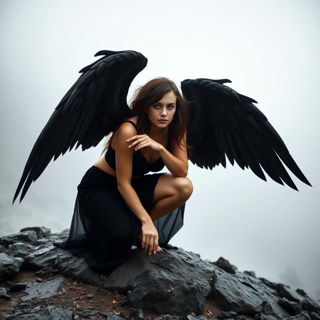 Create a high-resolution fantasy portrait of a woman with large black wings, crouching on a rocky surface in a misty environment, using a DSLR camera with a 50mm lens, f/1.8 aperture, ISO 100, and 1/200s shutter speed, with a shallow depth of field, capturing dramatic lighting and ethereal mood.