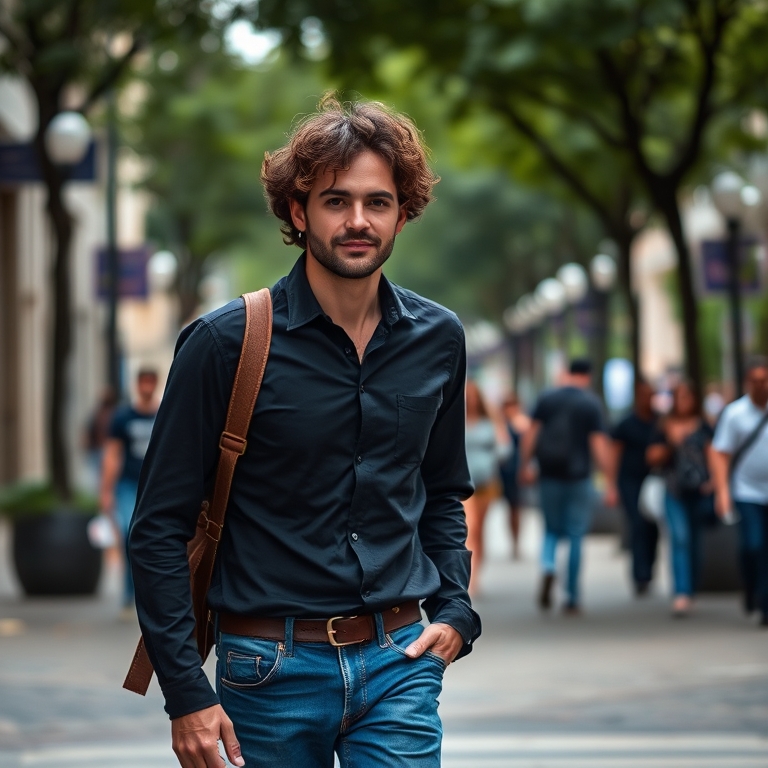 A man with curly hair walking casually down a city street, wearing a black shirt and blue jeans, with a blurred background of people and trees, taken with a Canon EOS R5, 50mm lens, f/1.8 aperture, ISO 100, natural light for enhanced clarity and depth.