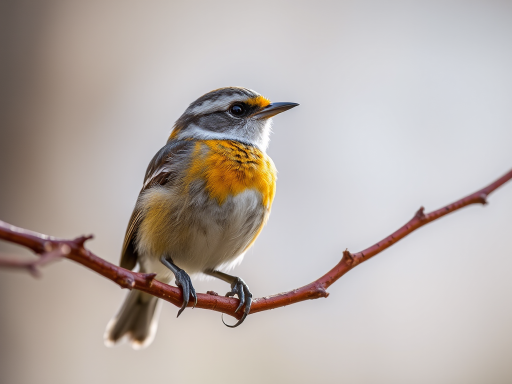 capture a detailed close-up of a small bird perched on a branch using a DSLR camera with a 100mm macro lens, aperture f/2.8, ISO 200, shutter speed 1/500s, in natural light to enhance colors and textures with a blurred background