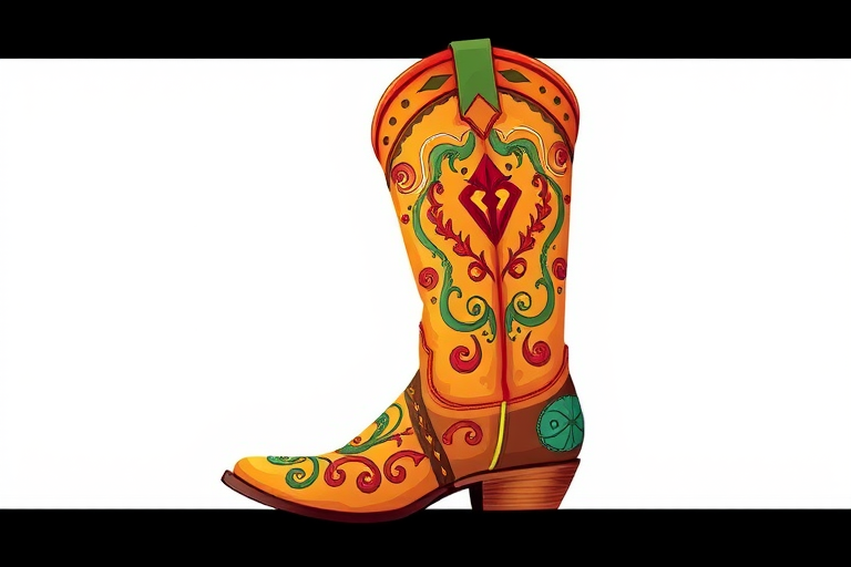 Create a vibrant illustration of a cowboy boot with intricate designs, set against a plain background, using a Canon EOS 90D with a 50mm f/1.8 lens, aperture f/2.8, ISO 200, and a soft focus effect to enhance detail and color.