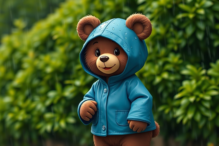 A cute cartoon bear wearing a blue raincoat standing in the rain with droplets on its fur, with lush green bushes in the background, captured with a DSLR camera at f/1.8, 50mm lens, ISO 100, 1/200s shutter speed, in a portrait view with soft focus on the background for depth.