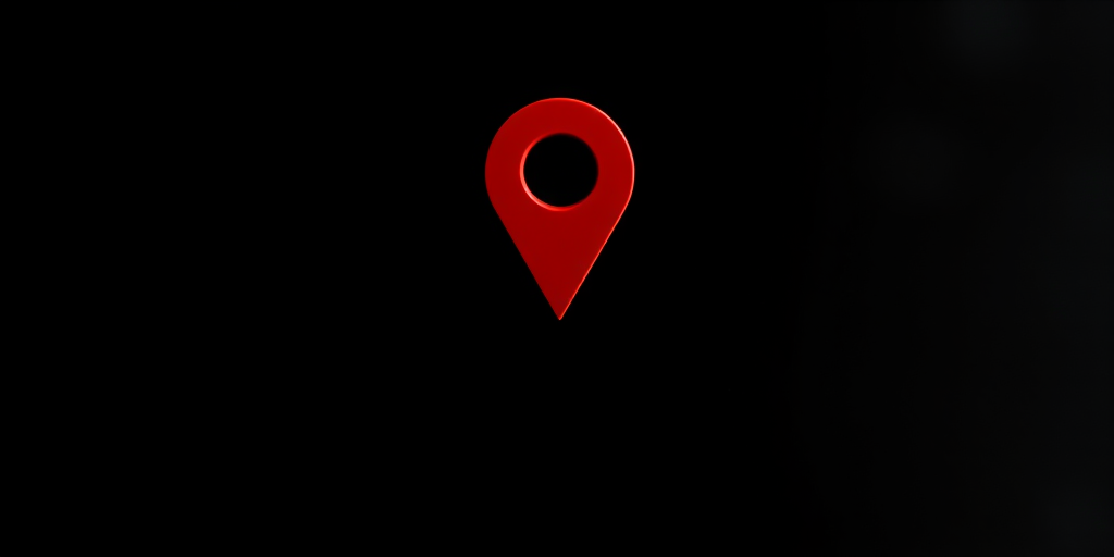 Create a high-resolution image of a red map marker on a black background, using a Canon EOS R5 camera with a 50mm lens, f/2.8 aperture, ISO 100, shooting from a frontal view with a soft focus effect for a smooth gradient finish.
