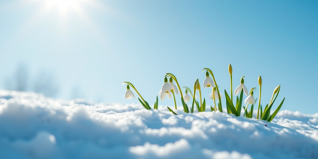 Create a high-resolution digital illustration of snowdrop flowers emerging from white snow against a clear blue sky, with sunlight gently illuminating the scene, using a Canon EOS R5 with a 50mm f/1.2 lens, aperture set to f/2.8, shutter speed 1/200s, ISO 100, in landscape orientation.