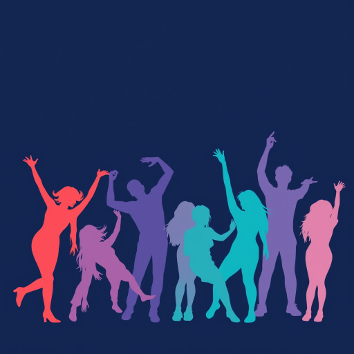 Create a high-resolution vector illustration of diverse silhouettes of people in playful poses, using vibrant colors like coral, lavender, and teal against a deep navy background, with a sharp focus and smooth gradients, shot with a DSLR camera at f/2.8, ISO 100, 1/125s, in a close-up view.