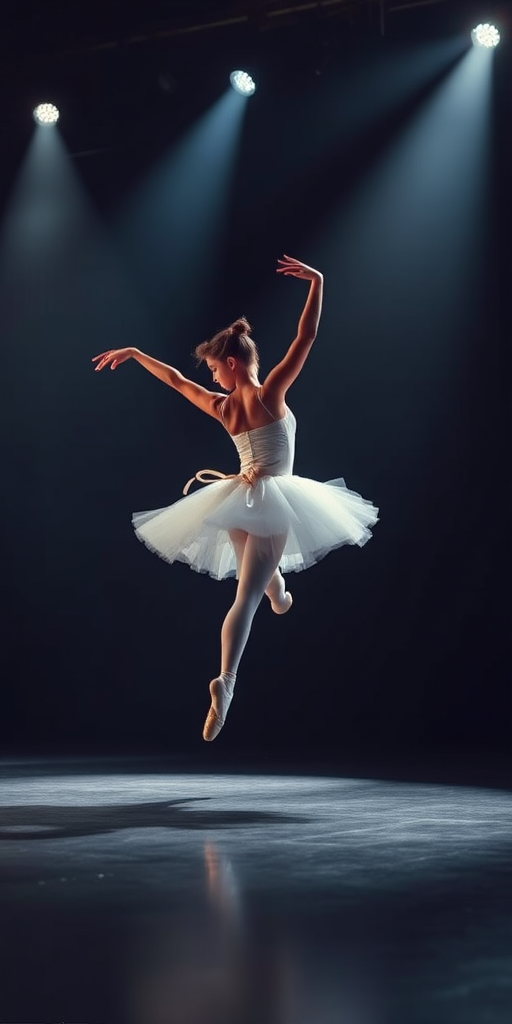 Softly focused photo of a ballet dancer in mid-leap on a dimly lit stage, her tutu swirling around her, with dramatic spotlights casting long shadows behind her.