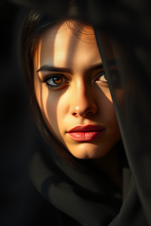 portrait of a person partially veiled with dramatic lighting, smoky background, soft focus, ISO 100, f/1.8, 85mm lens, natural light, DSLR camera
