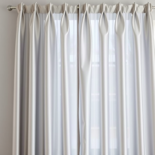 Generate an image of a silver pleated curtain hanging straight, shot with a Canon EOS R5 at f/4.0, ISO 100, 50mm lens, using natural light from a nearby window for enhanced color accuracy and soft shadows.