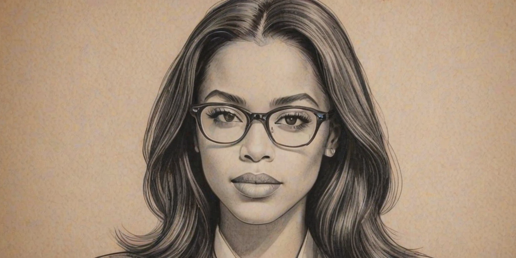 Stunning Aaliyah, pencil sketch, portrait of Captivating woman 1944s in glasses, hair style beatnik, outline, clear lines, fine lines, 8k