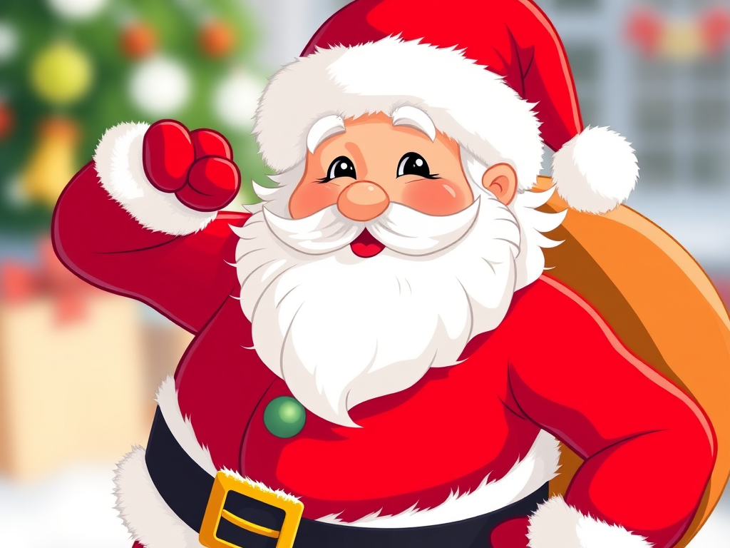 Generate a high-resolution cartoon image of a cheerful Santa Claus character with a red suit and fluffy white beard, using a 50mm lens at f/2.8 aperture, shot in natural soft light at eye level, with a bright and colorful style.