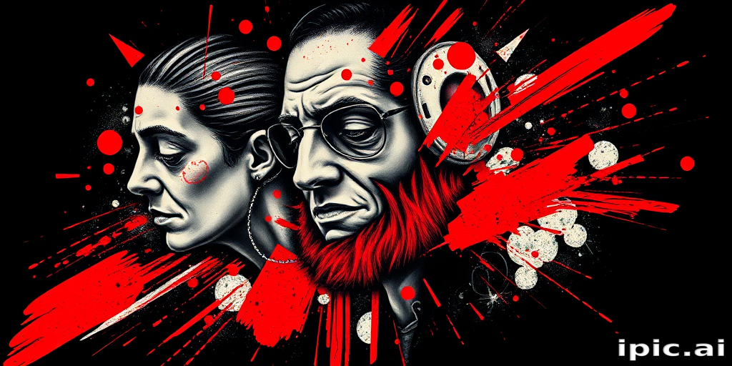 Trash polka tattoo combining realistic and abstract elements, featuring bold red accents and chaotic brushstrokes on a black background, named "Organized Chaos"