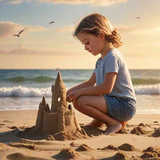 Warm, softly lit image of a child building a sandcastle on the beach, soft waves lapping at the shore in the background, distant seagulls flying overhead, sunlight glinting off the water, a sense of summer warmth and carefree joy.