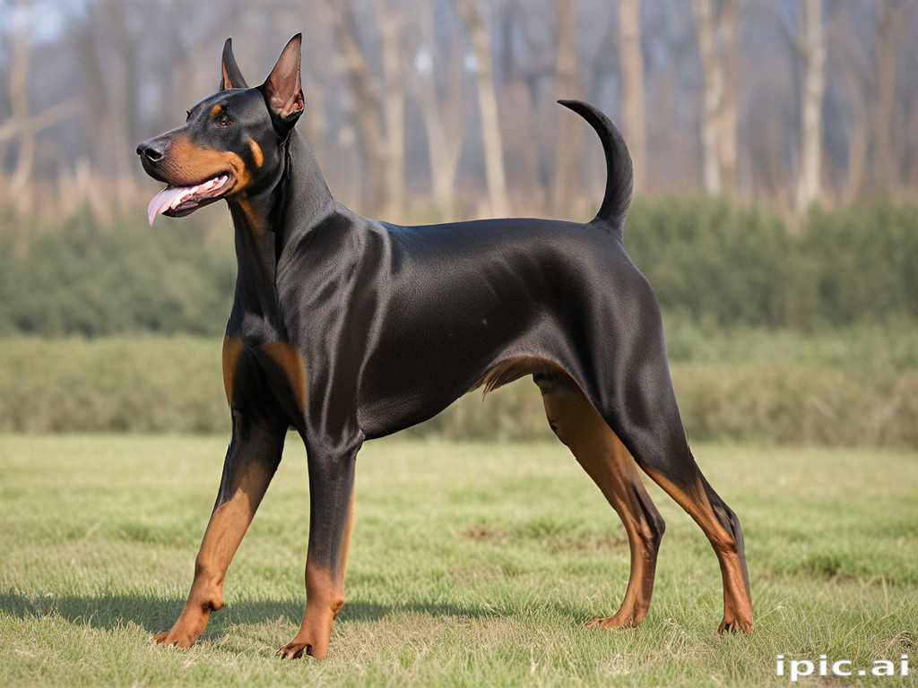 A Majestic Doberman Pinscher Standing Proudly in a Serene Outdoor Setting.