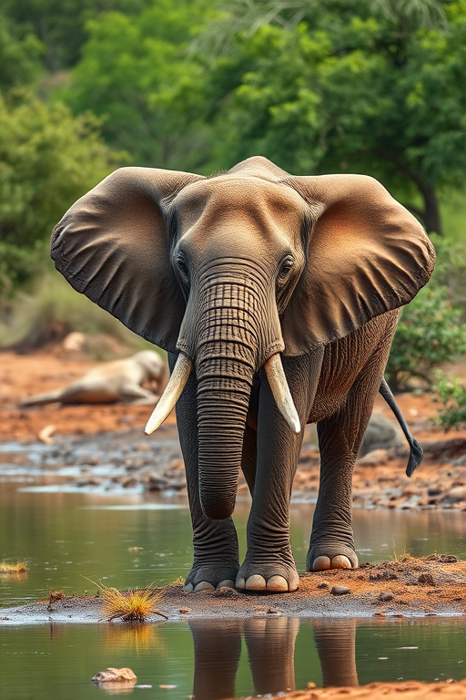 Create a high-resolution image of an African elephant standing near a water source in its natural habitat captured with a DSLR camera, ISO 100, aperture f/8, shutter speed 1/250s, with a 50mm lens, using a wide-angle view to enhance the background detail.
