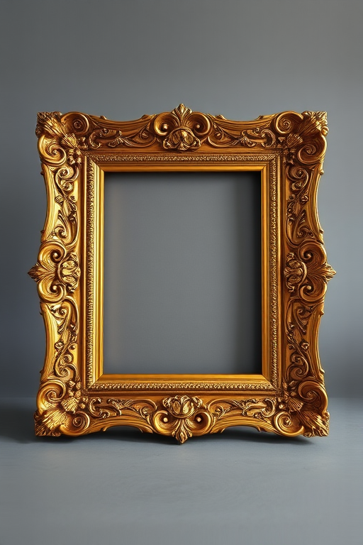 Regenerate an ornate golden picture frame with intricate designs, using a Canon EOS R5 camera, set to a focal length of 50mm, aperture of f/2.8, ISO 100, in studio lighting for enhanced clarity and detail, shot from a frontal view to capture the frame's texture.