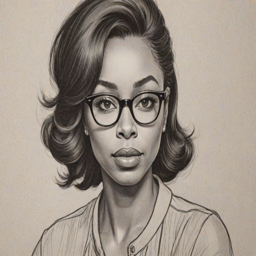 Lovely Erica Ash, pencil sketch, portrait of Stunning woman 1960s in glasses, hair style beatnik, outline, clear lines, fine lines, 8k
