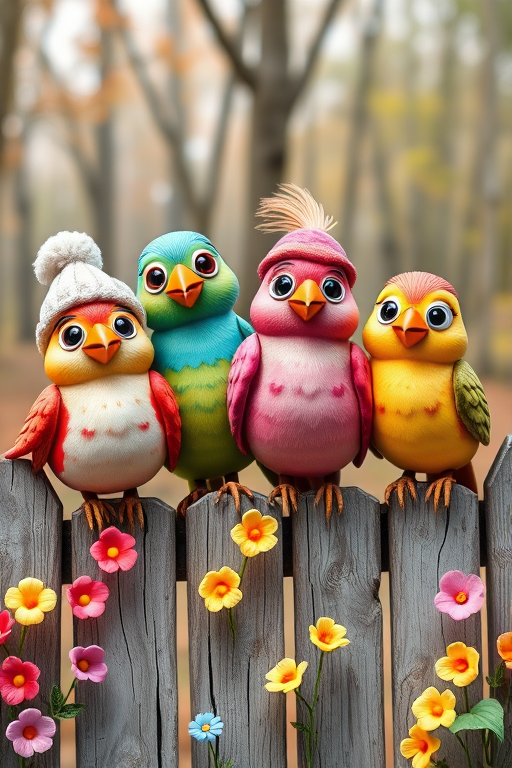 create a scene of 4 quirky  whimsical colourful comical birds each with a funny expression. they are sat on a wooden fence with colourful flowers. they are all different sizes. each one is a different colour  one is wearing a woolly hat. Each one has a different quirky google expression and there is a muted background of trees watercolour paintierly style high definition 8k resolution 3D paper mache