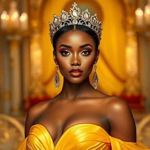 A gorgeous Zambo woman in a luxurious Yellow gown, accessorized with a dazzling tiara and statement earrings, her deep black eyes highlighted by impeccable makeup, poised in a royal setting, photorealistic, 8K quality