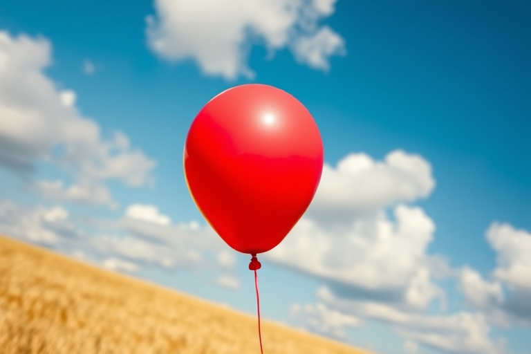 Create an image of a red balloon floating against a vibrant blue sky with fluffy white clouds above a golden field, using a DSLR camera with a 50mm lens, f/2.8 aperture, ISO 100, and a slight tilt-up angle for a dreamy effect.