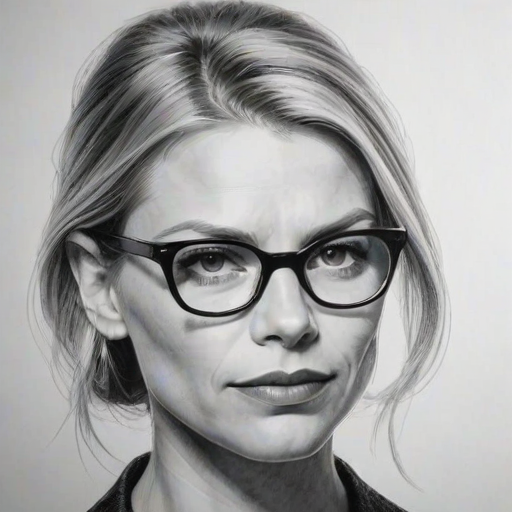 Stunning Claire Danes, pencil sketch, portrait of Stunning woman 1955s in glasses, hair style beatnik, outline, clear lines, fine lines, 8k