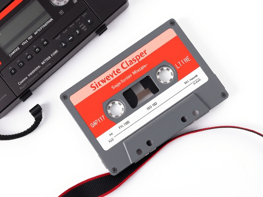 Create a high-resolution image of a retro mixtape cassette with a bright red label and white background, using a DSLR camera with a 50mm lens, aperture set to f/2.8, ISO 100, taken from a top-down view to enhance detail and clarity.