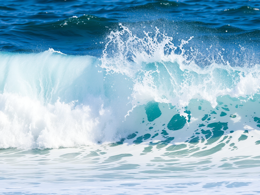 create a high-resolution watercolor painting of a dynamic ocean wave with splashing white foam, using a Canon EOS 5D Mark IV camera, f/8 aperture, ISO 100, 50mm lens, shot in bright daylight with a focus on rich blues and textures in the wave, highlighting the interplay of light and water.