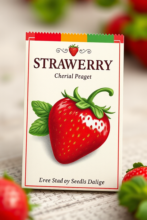 create a detailed illustration of a strawberry seed packet, featuring a vibrant and glossy strawberry design on the front, with a light beige background and a colorful header, using a soft focus technique to enhance depth, shot with a DSLR camera at f/2.8, 50mm lens, natural lighting, and a shallow depth of field for a professional quality finish