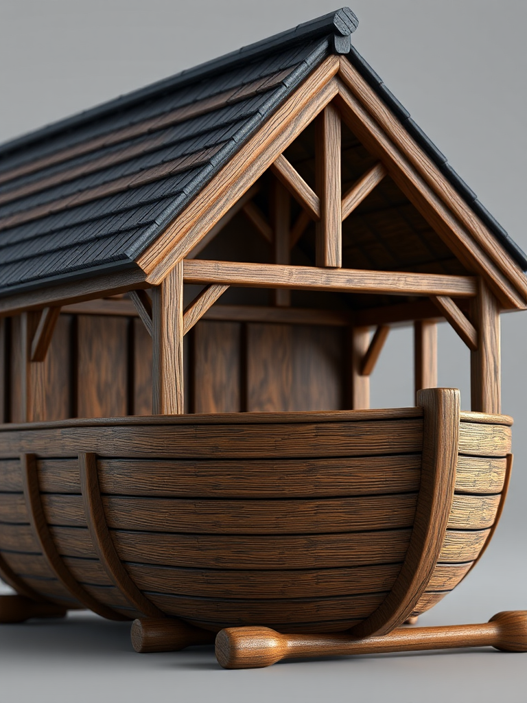 Generate a highly detailed 3D rendering of a wooden ark with a textured dark roof, camera settings: f/8 aperture, ISO 200, 50mm lens, camera view: close-up angle, camera style: realistic, camera type: DSLR.