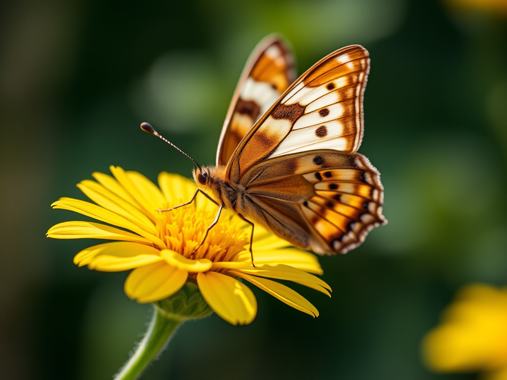 Capture a close-up image of a butterfly perched on a yellow flower with a softly blurred background, using a macro lens, aperture f/2.8, shutter speed 1/200, ISO 100, with natural lighting conditions for vibrant colors and depth.
