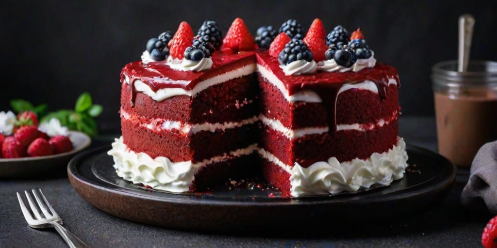 Create an image of a beautifully decorated red velvet cake on a black plate. The cake should have a thick layer of white whipped cream on top, garnished with fresh berries and chocolate shavings. A slice of the cake should be served on the side, showcasing its rich texture and vibrant color. The background should be minimalistic and elegant to highlight the cake.