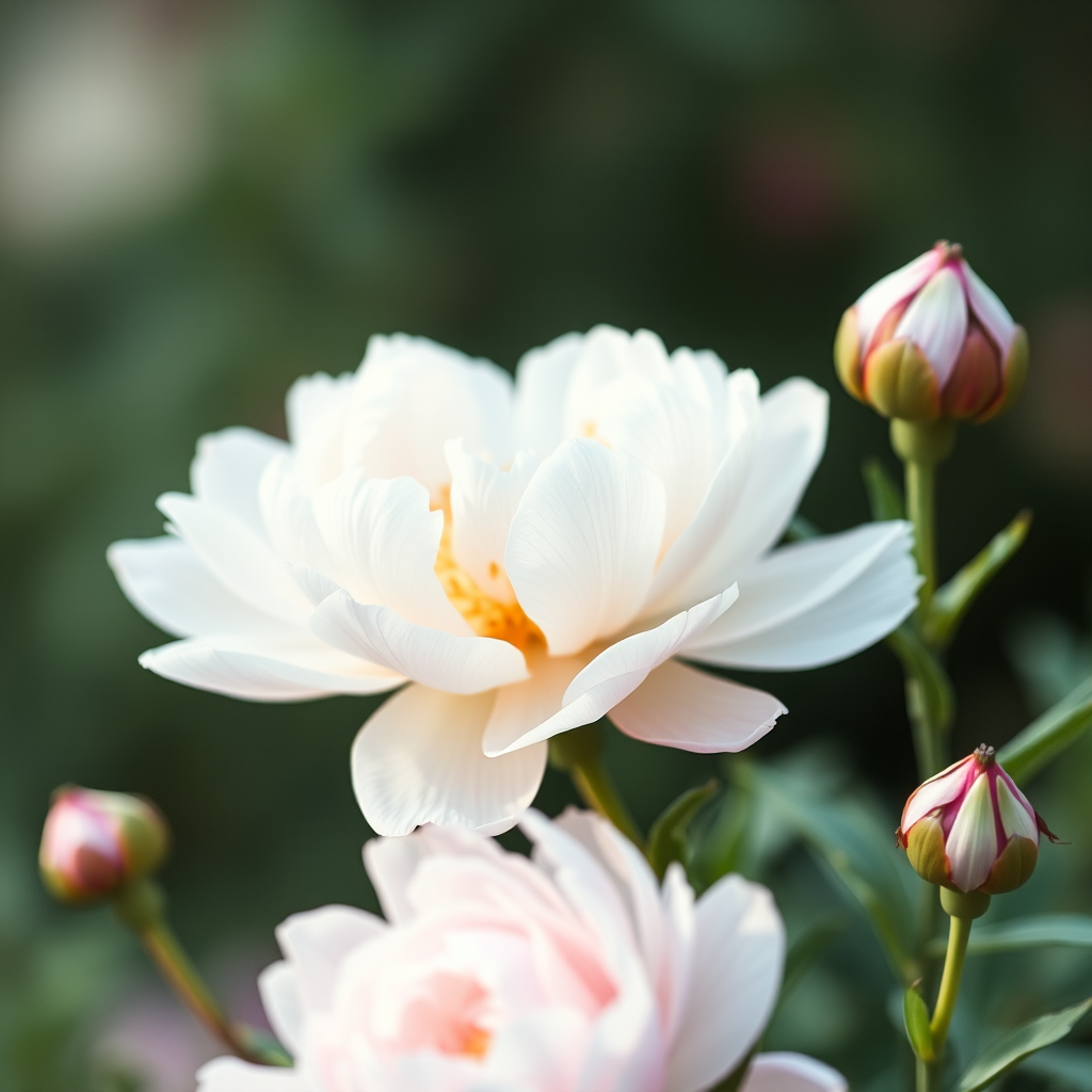 Regenerate a soft-focus watercolor painting of blooming peonies and buds with a serene background, using a Canon EOS R5, 50mm f/1.2 lens, f/2.8 aperture, ISO 100, and a shallow depth of field for enhanced texture and color vibrancy.