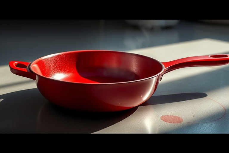 Create a highly detailed illustration of a red frying pan viewed from a slightly elevated angle, with soft shadows and reflections to enhance its metallic surface, using a Canon EOS R5 camera, 50mm lens, aperture f/2.8, ISO 100, and natural lighting for a realistic effect.