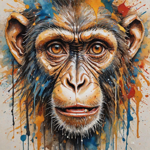 abstract watercolor painting with bold and deep brushstrokes. Thick impasto paint used. Dripping effect. Image breaking up into rectanguls shapes. Paint cracking. just a  smal;l pair of monkey's eyes starting to appear in the middle. The eyes are crying.  Coloured paint splattered around the edges. Geometric lines in background. swirly effect. peeling paint effect. raised rectangles. Dinghy Cream Look edge added in Topaz.