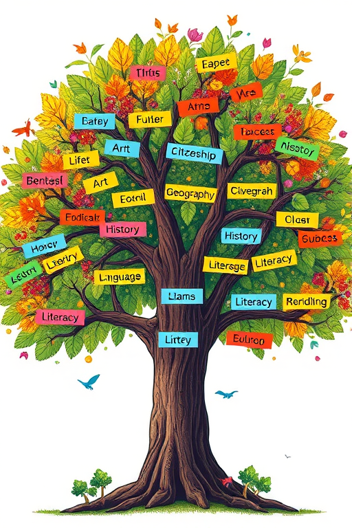 Create an illustration of a colorful tree with branches labeled with various subjects like Life, Art, Citizenship, Geography, History, Language, and Literacy, using a high-resolution digital art style, shot with a Canon EOS 5D Mark IV, aperture f/4, ISO 100, and a 50mm lens.