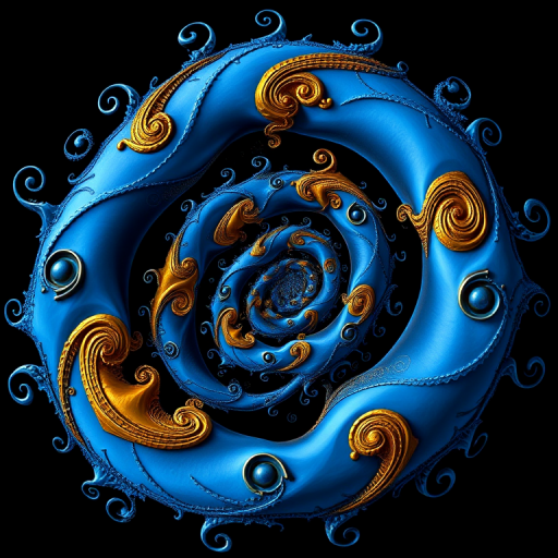 Generate a high-resolution fractal art image featuring intricate blue and gold spirals on a black background, using a wide-angle lens at f/8, ISO 100, 1/60 sec exposure, shot with a DSLR camera from a frontal view to enhance detail and sharpness.