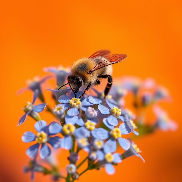 macro shot of a bee on small blue flowers with a vibrant orange background, f/2.8 aperture, 1/400 sec shutter speed, ISO 100, natural light, DSLR camera, shallow depth of field, soft focus on background
