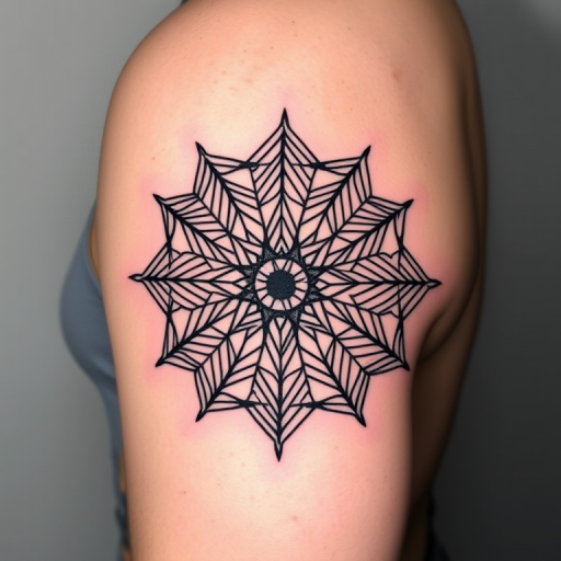 Striking geometric blackwork tattoo featuring interconnected sacred geometry patterns, precise lines and angles forming complex mandala-like designs, stark contrast against skin, bold and modern aesthetic