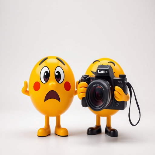 Create an image of two cartoonish yellow emojis, one with a surprised expression and the other with a smirking expression, using a DSLR camera with a 50mm lens, aperture set to f/2.8, ISO 100, in a bright studio setting with soft lighting for enhanced quality.